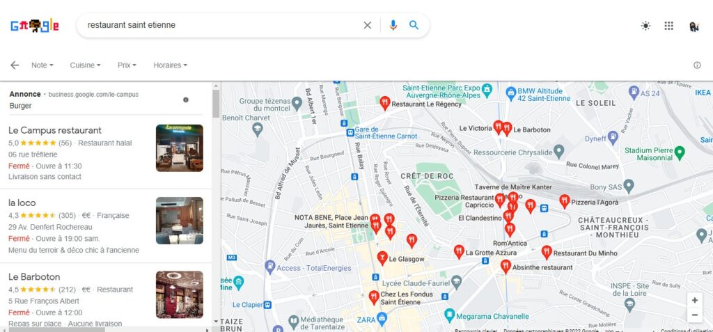 Google Local Pack : restaurant sur maps