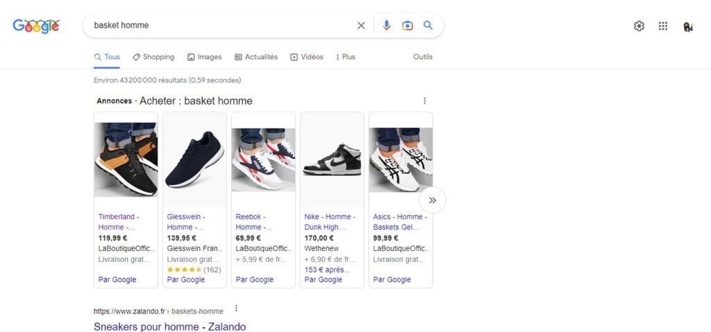 Capture d'écran Vendre sur Google Shopping recherche basket homme