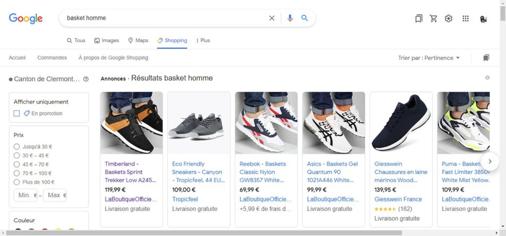 Capture d'écran Vendre sur Google Shopping recherche basket homme