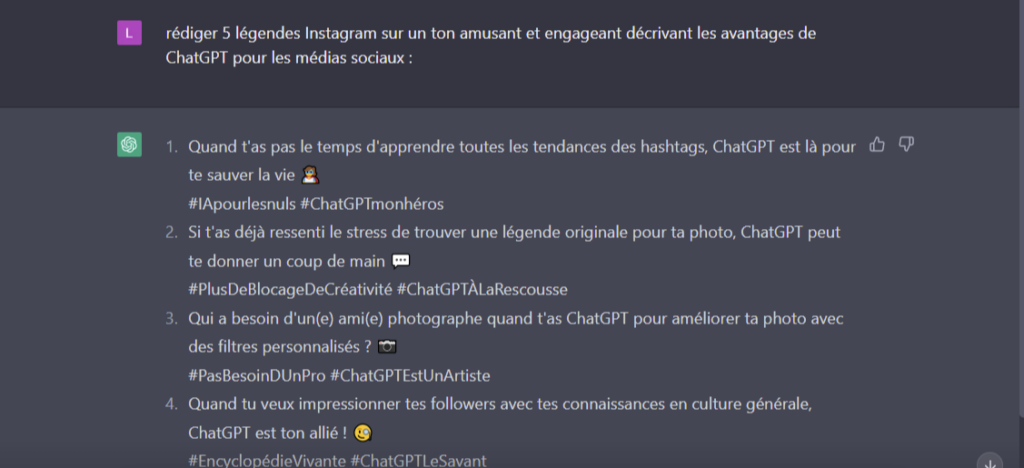 ChatGPT pour les réseaux sociaux requête Instagram